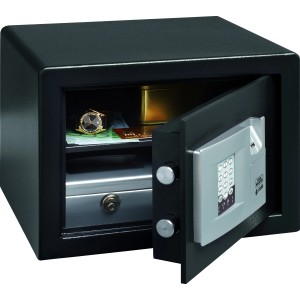 Offener, schwarzer Burg-Wächter Möbeltresor Point-Safe P 2 E FS mit elektronischem Zahlenschloss und Inhalt.