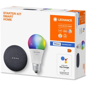 Ledvance Smart Home Set mit Google Nest Mini und farbiger LED-Lampe.