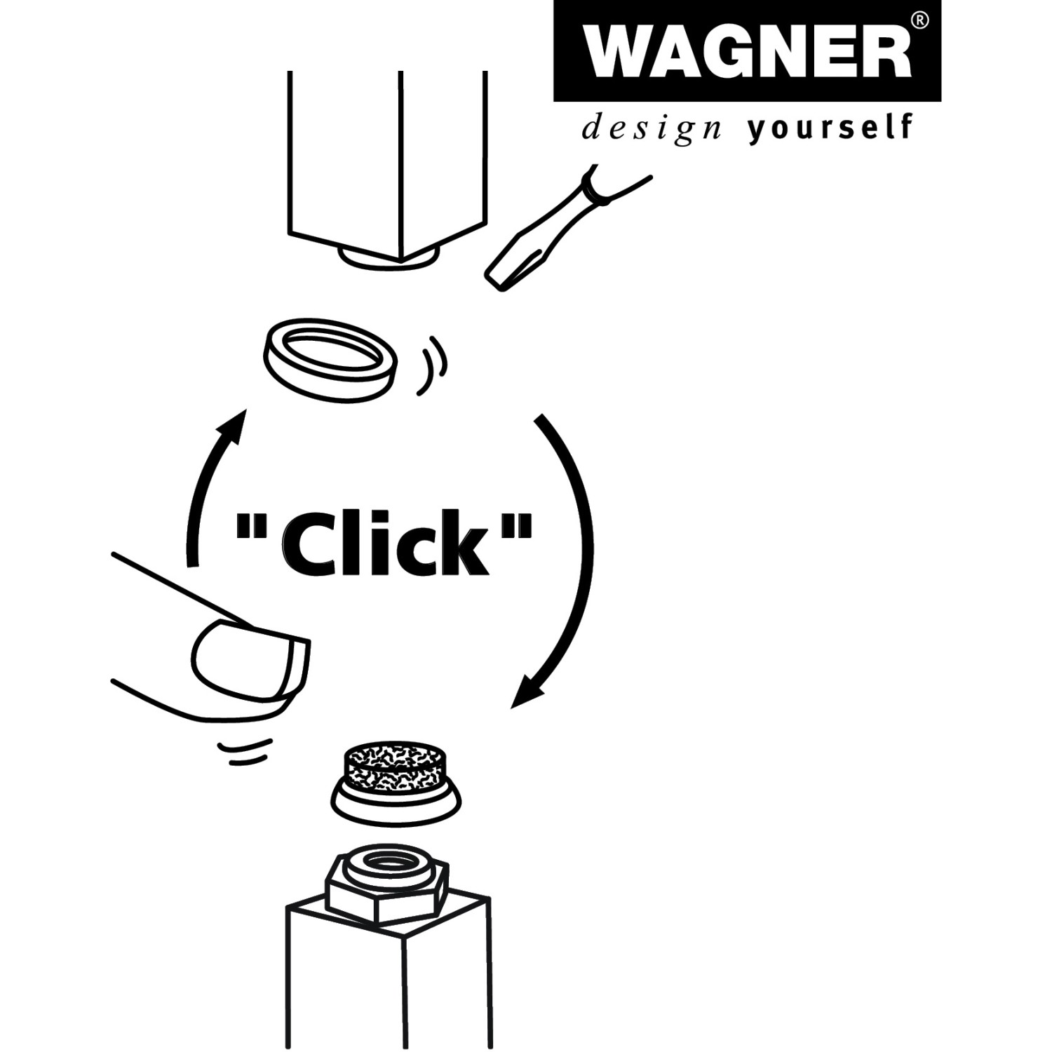 Montageanleitung: Wagner Verstellfuß Justus Slim QuickClick Möbelbein mit austauschbaren Gleiteinsätzen.
