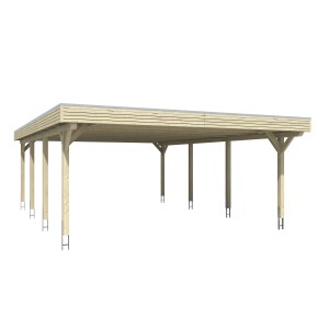 Skan Holz Doppelcarport Spessart aus Holz mit Flachdach und acht Pfosten.