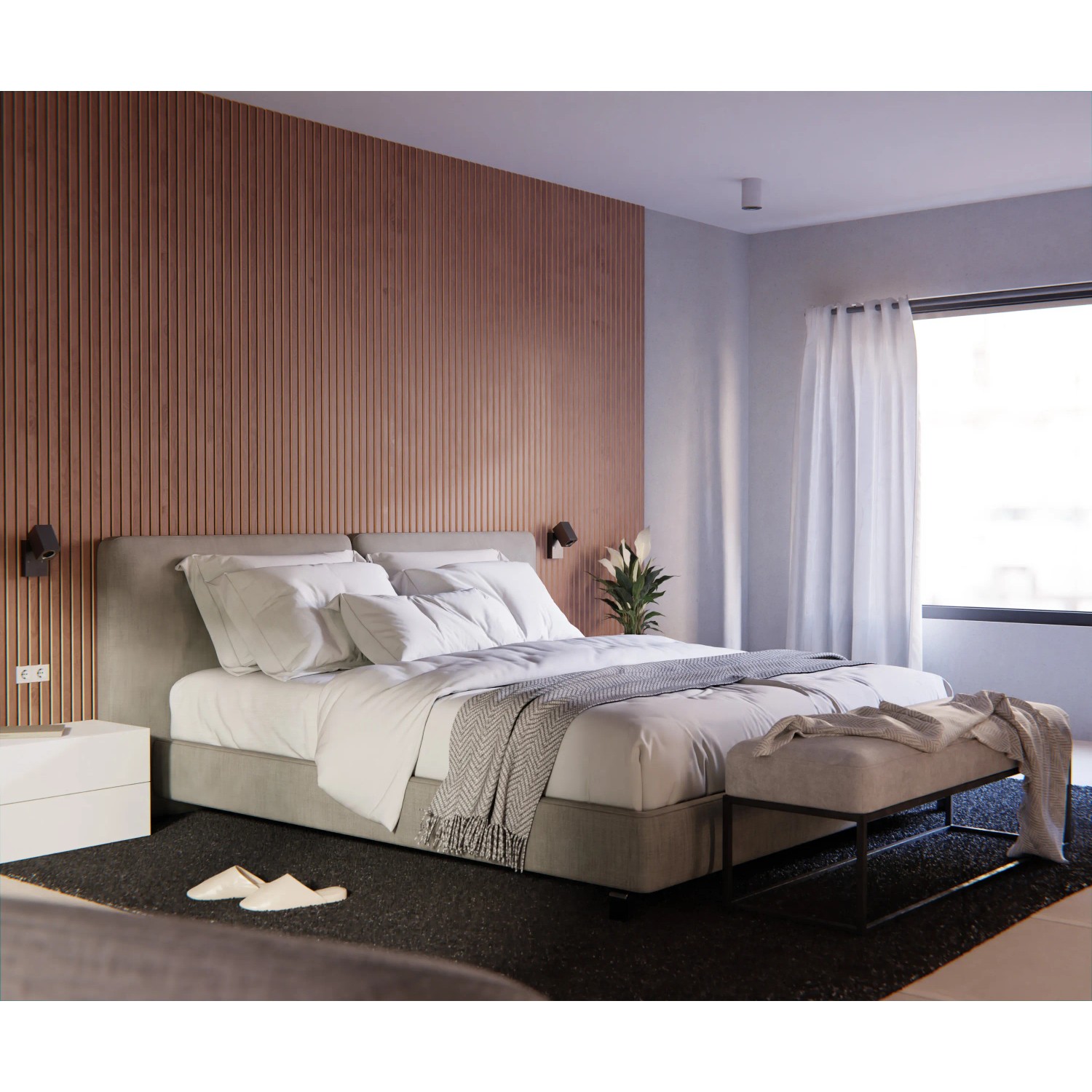 Schlafzimmer mit Akustikpaneel Walnuss, MDF schwarz, Filz schwarz, 60x360 cm, FSC® an Wand hinter Bett.