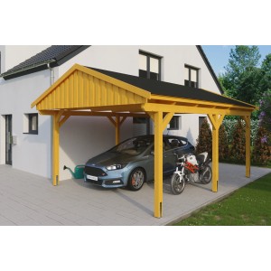 Skan Holz Carport Fichtelberg mit schwarzen Schindeln und eiche-heller Holzstruktur. Auto und Motorrad stehen darunter.