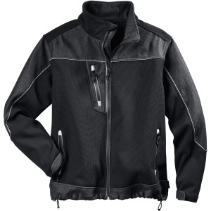 Schwarze Scheibler Softshelljacke Leno in Größe M mit Denim-Einsätzen und Reißverschluss.