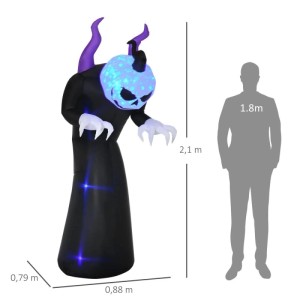 Aufblasbares 210cm Halloween Gespenst mit leuchtendem Kürbiskopf, schwarzem Gewand und blauen LEDs.