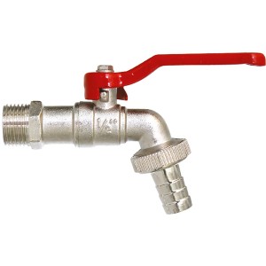 Vernickeltes Kugelauslaufventil 13 mm (1/2) mit rotem Hebel und Schlauchverschraubung.