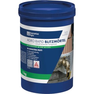 Agro Rapid Blitzmörtel 1 kg im blauen Eimer. Schnell härtender Trockenmörtel für Reparaturen und Befestigungen.