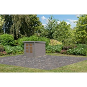 Karibu Gartenhaus Diego D, wassergrau/graualuminium, 208,5x209x213 cm, im Garten.