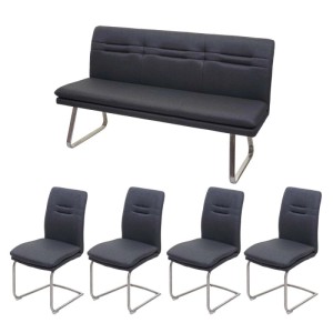 Esszimmer-Set: Dunkelgraue Sitzbank und vier Stühle mit Edelstahlgestell.
