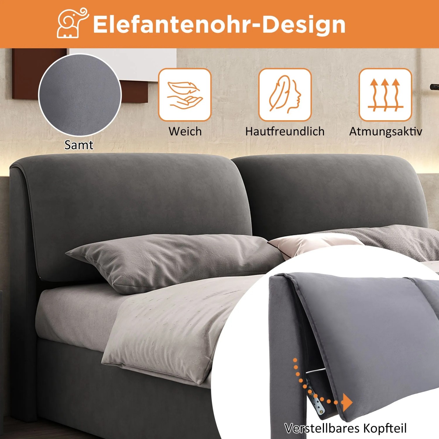 okwish Polsterbett 140x200cm mit 3 Schubladen Schlafzimmer Grau ohne Matratze_6