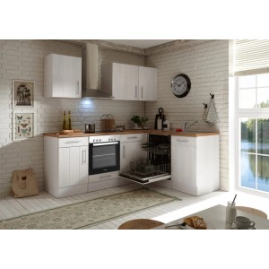 Respekta Premium Winkelküche 220 cm im Landhausstil, Lärche Weiß Nachbildung mit E-Geräten.