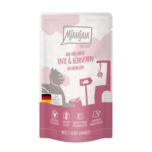 Mjamjam Katzen-Nassfutter Quetschie Duo Ente & Hühnchen mit Möhrchen, 125g Packung.