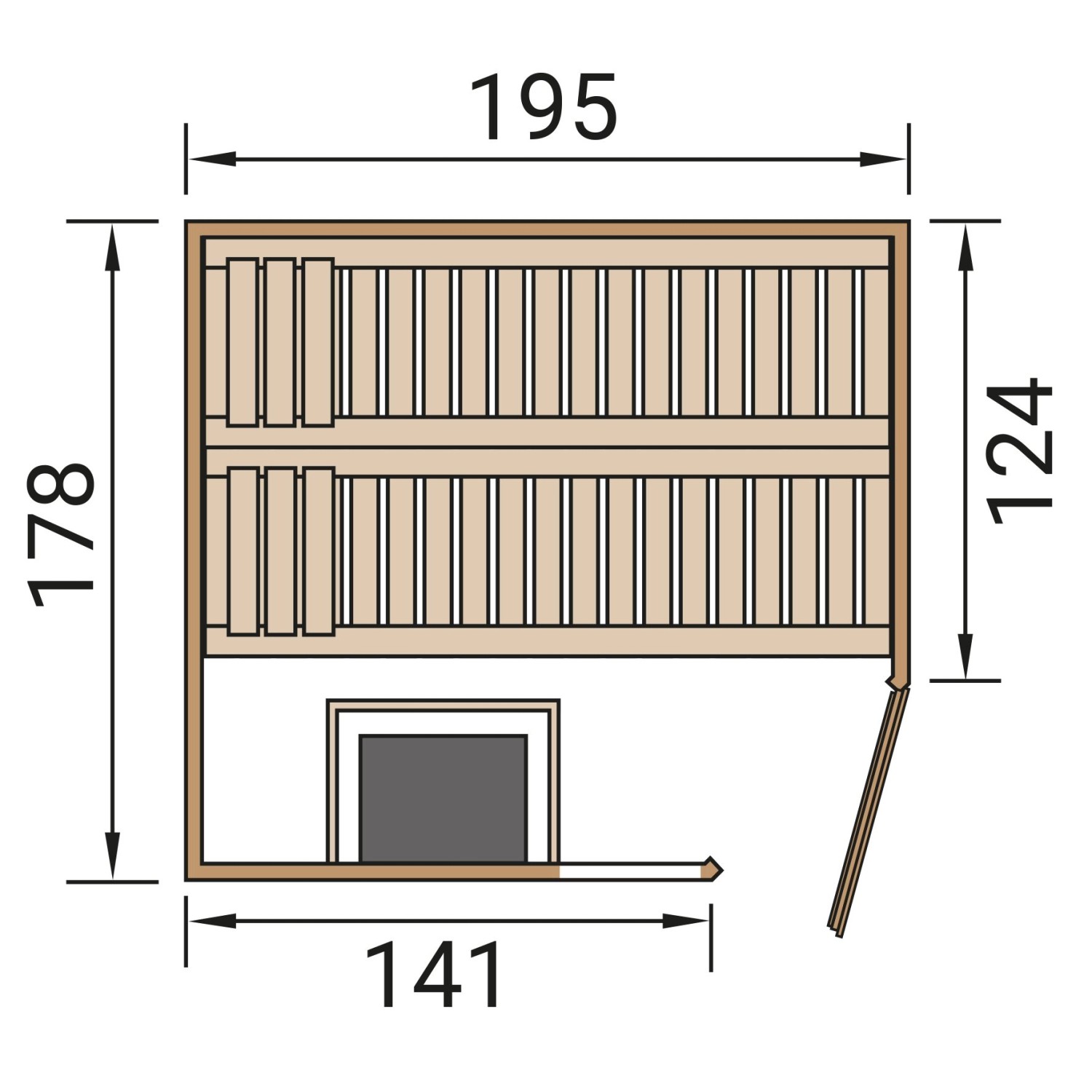 Grundriss der Weka Massivholzsauna Turku 1 Sparset mit Maßen: 195x178x124 cm.