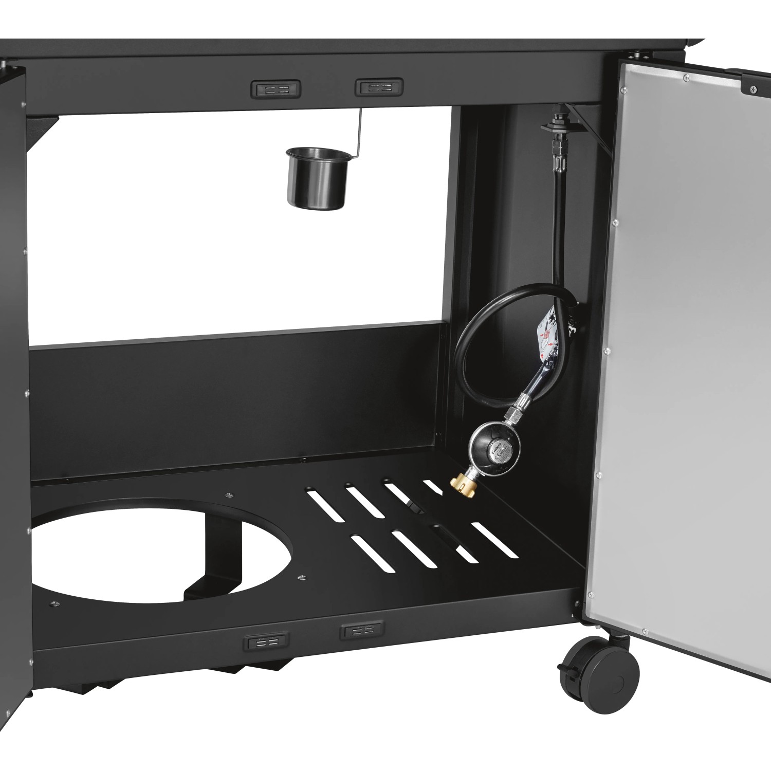 Detailaufnahme: Untergestell Jamestown Knox II Gasgrill mit Gasanschluss und Ablage.