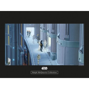 Star Wars Wandbild: Szene mit Darth Vader, Stormtroopern und Robotern in einem futuristischen Aufzug.