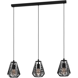 Schwarze Eglo Hängeleuchte Stype mit drei Lampenschirmen im Diamant-Design für E27 Leuchtmittel.