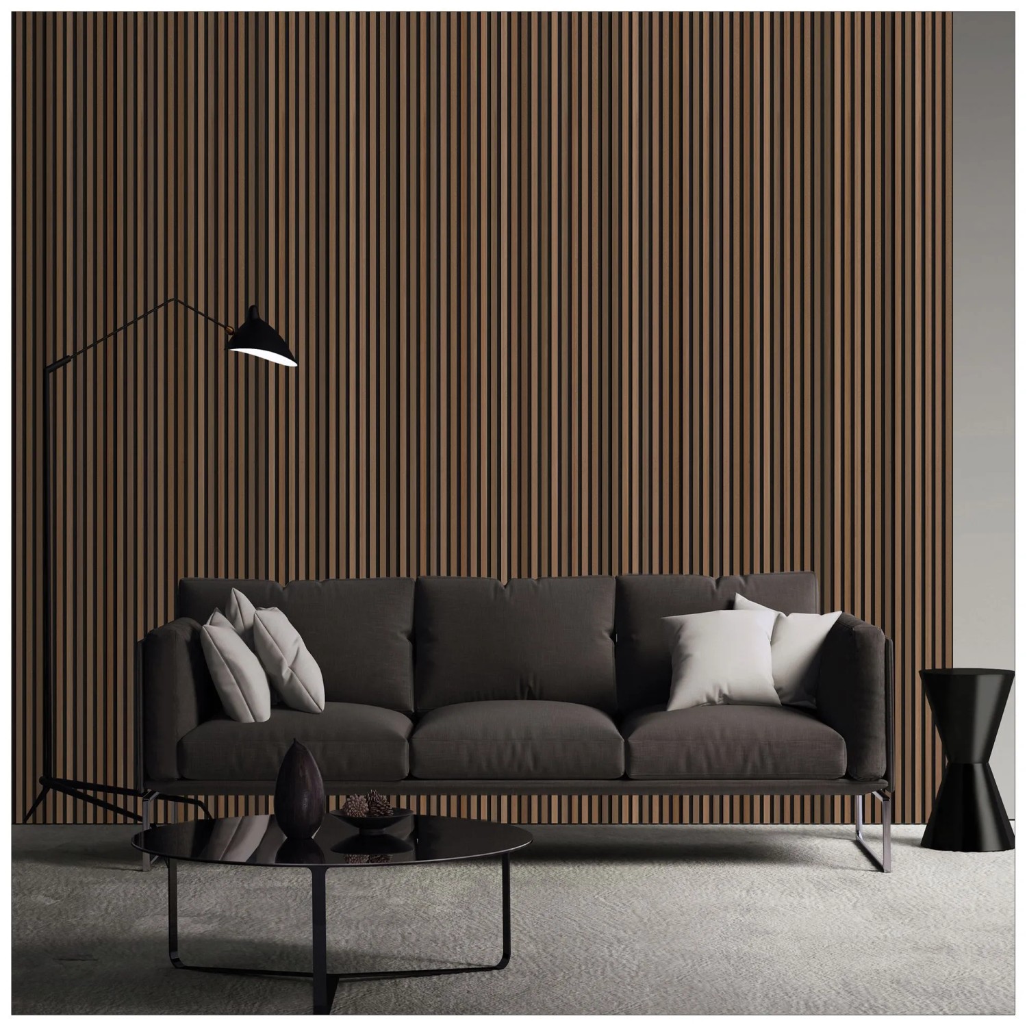 Amadeo Akustikpaneel Eiche Vintage mit vertikalen Holzlamellen als Wand in modernem Wohnzimmer.