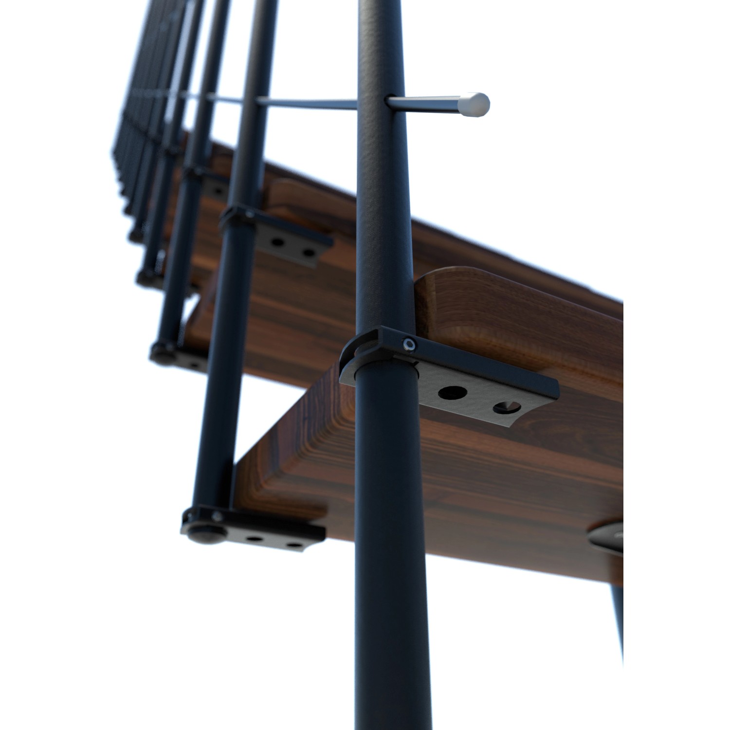 Minka Mittelholmtreppe Comfort Top in Walnuss/Schwarz, Detailansicht der Holzstufen und schwarzen Metallelemente.