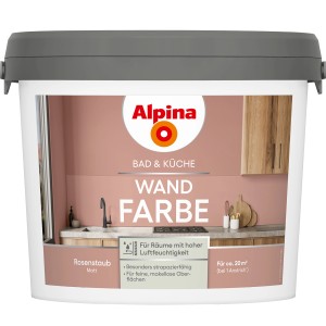 Eimer Alpina Wandfarbe Bad & Küche Rosenstaub, geeignet für Feuchträume, hohe Deckkraft.