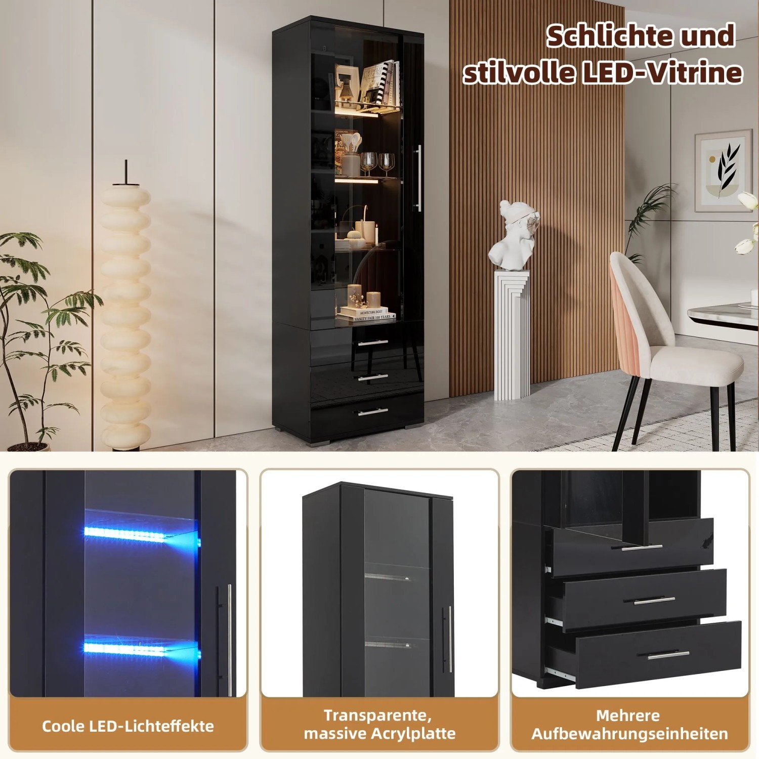 okwish Vitrine mit LED Beleuchtung Schubladen Glasvitrine Wohnzimmer 60x35x180cm Schwarz_8
