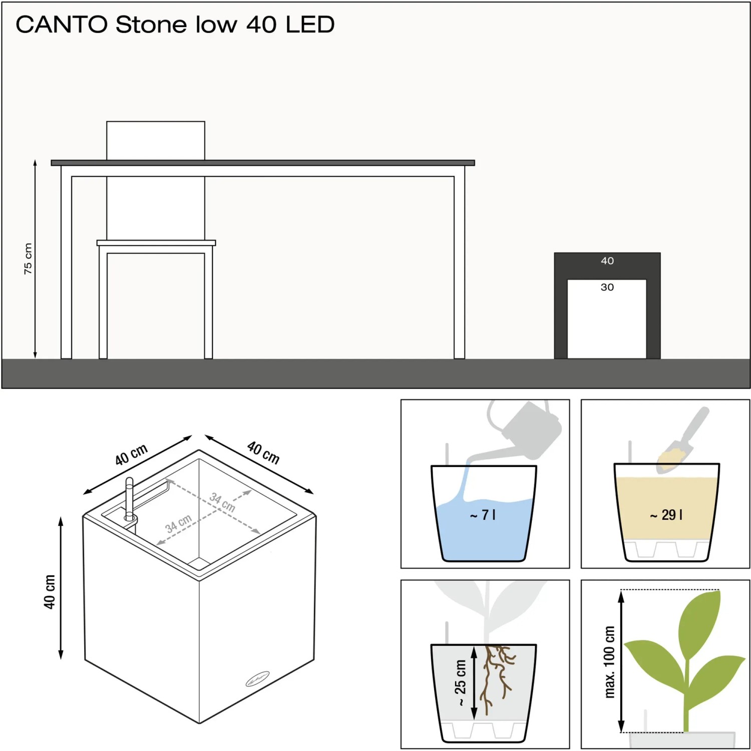 Skizze Lechuza Canto Stone low LED 40, Quarzweiß, 40x40cm, mit Maßangaben und Hinweisen zur Bepflanzung.