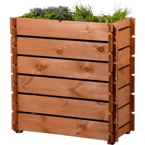 Braunes Dobar Hochbeet aus Kiefernholz mit Stecksystem, bepflanzt mit Kräutern.