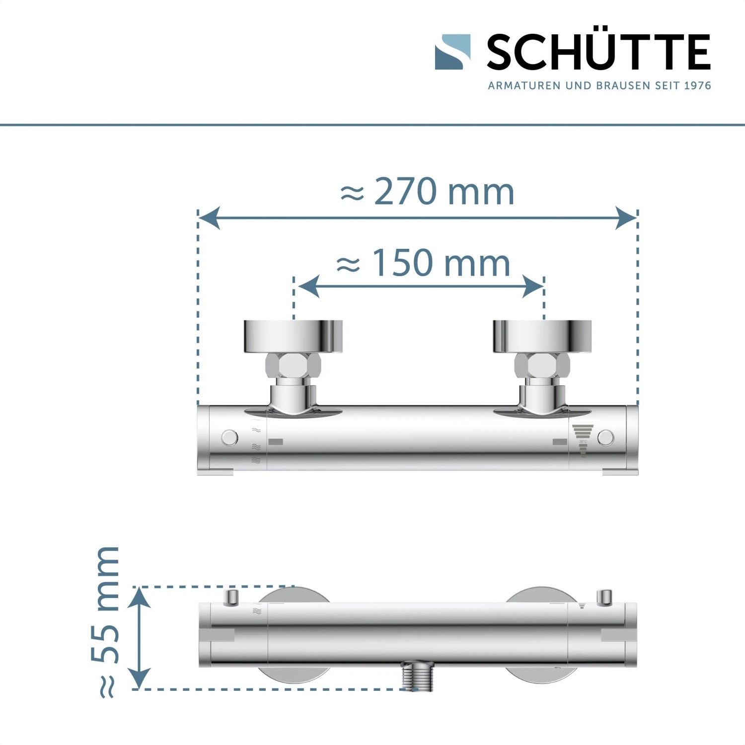 Abbildung der Schütte Thermostat Duscharmatur London Chrom mit Maßangaben.