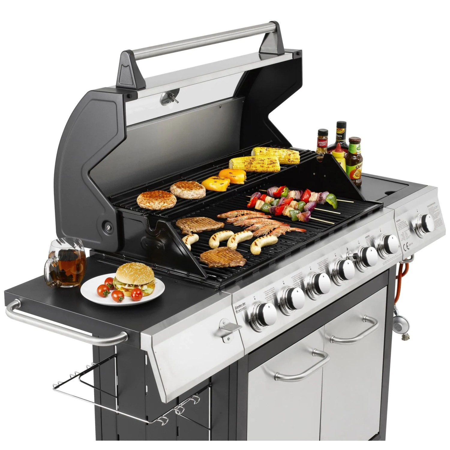 El Fuego Long Beach Edelstahl-Gasgrill mit Speisen auf dem Grillrost und Seitenablage.