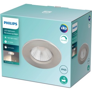 Verpackung eines runden, dimmbaren Philips LED-Einbauspots Dive SL261 in Nickeloptik, geeignet für Feuchträume.
