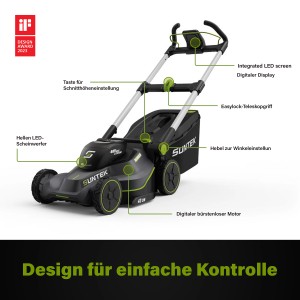 Suntek Akku-Rasenmäher 40V mit Akku und Ladegerät, seitliche Ansicht.