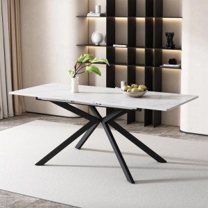 Erweiterbarer Esstisch mit weißer Marmoroptik-Platte und schwarzem Kreuzbein-Metallgestell. Modernes Design für Esszimmer.