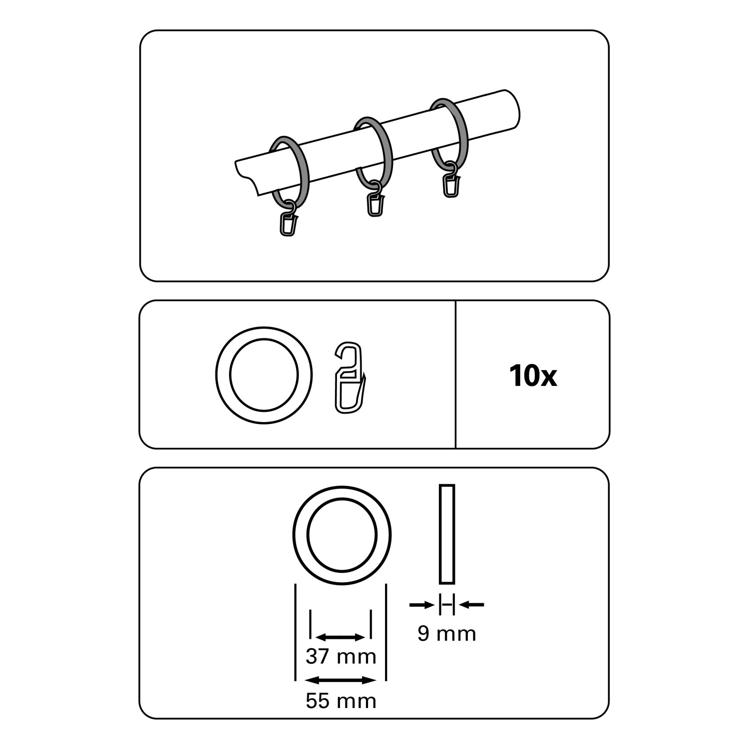 Gardinia Gardinenringe mit Haken, schwarz-matt, für Stangen bis 28mm Durchmesser, 10er Pack.