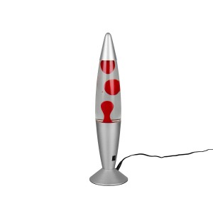 Rote Reality LED Lavaleuchte Vesuv, Design-Tischlampe mit warmweißem Licht und silberfarbenem Fuß.