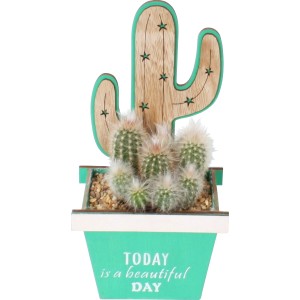 Kaktus-Arrangement im Holzgefäß mit Deko-Steinen, Topf-Ø ca. 12 cm.