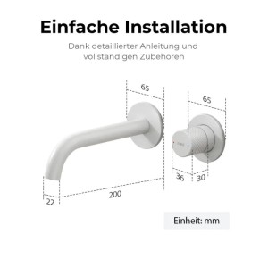 Technische Zeichnung der Emke Waschtischarmatur Unterputz Weiß Matt mit Maßen für einfache Wandmontage.