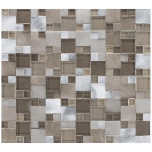 Mosaikfliese aus Glas und Aluminium in Beige, 27x30 cm. Quadratische Form, gebürstete Optik.