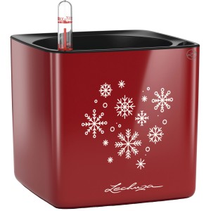 Lechuza Cube Glossy Snow 14, scharlachroter Übertopf mit Schneeflockenmuster, 13,5x14x14 cm.