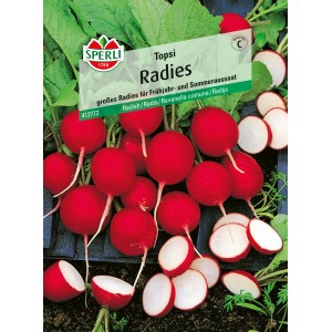 Samenpackung Sperli Radieschen Radies Topsi mit roten, runden Radieschen.