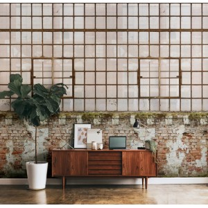 AS-Creation Fototapete Industrial-Fabrikhalle in Creme-Braun mit Fenster-Motiv für ein modernes Wohnambiente.