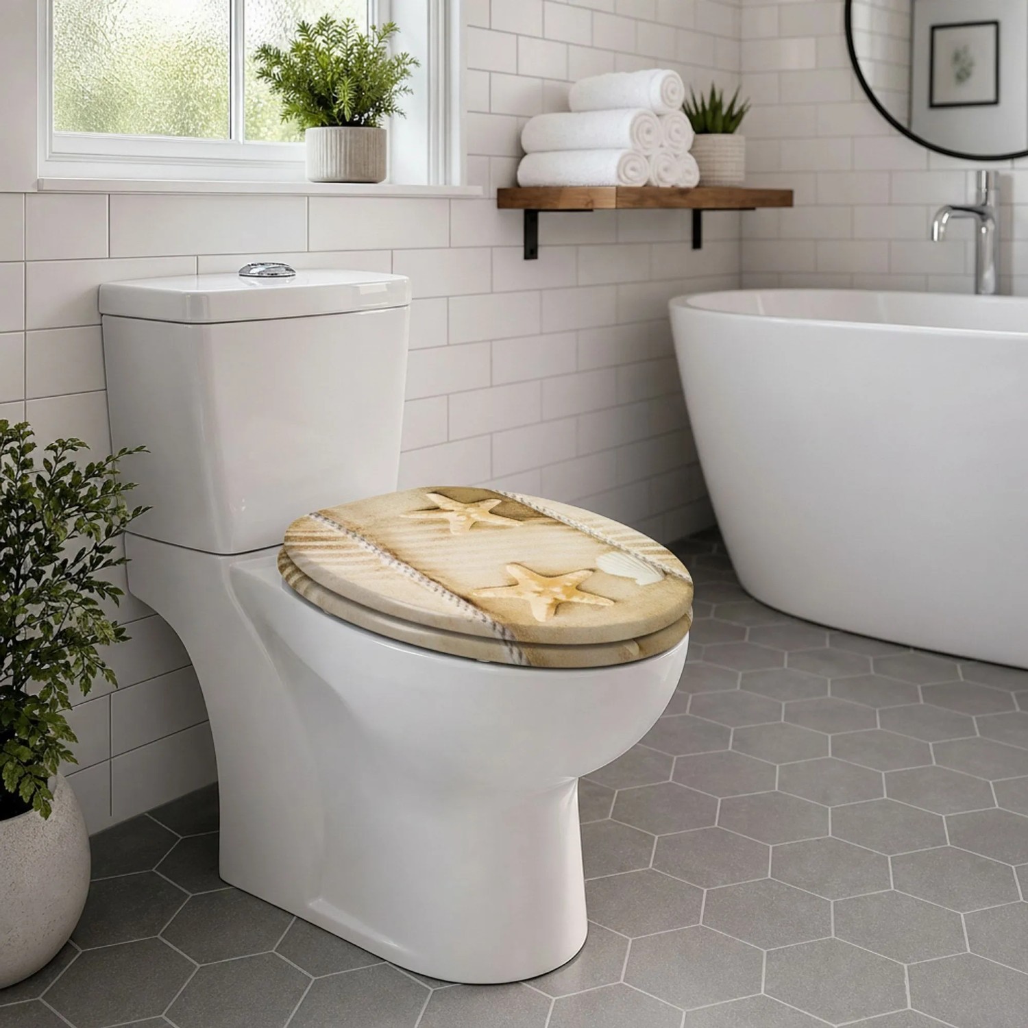 Ovaler WC-Sitz mit maritimer Strandoptik, Seesternen und Holzmaserung. Mit Absenkautomatik im Badezimmer.