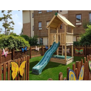 Hy-Land Spielturm P2 mit Rutsche aus Kiefernholz für Kinder, mit Sandkasten und Leiter.