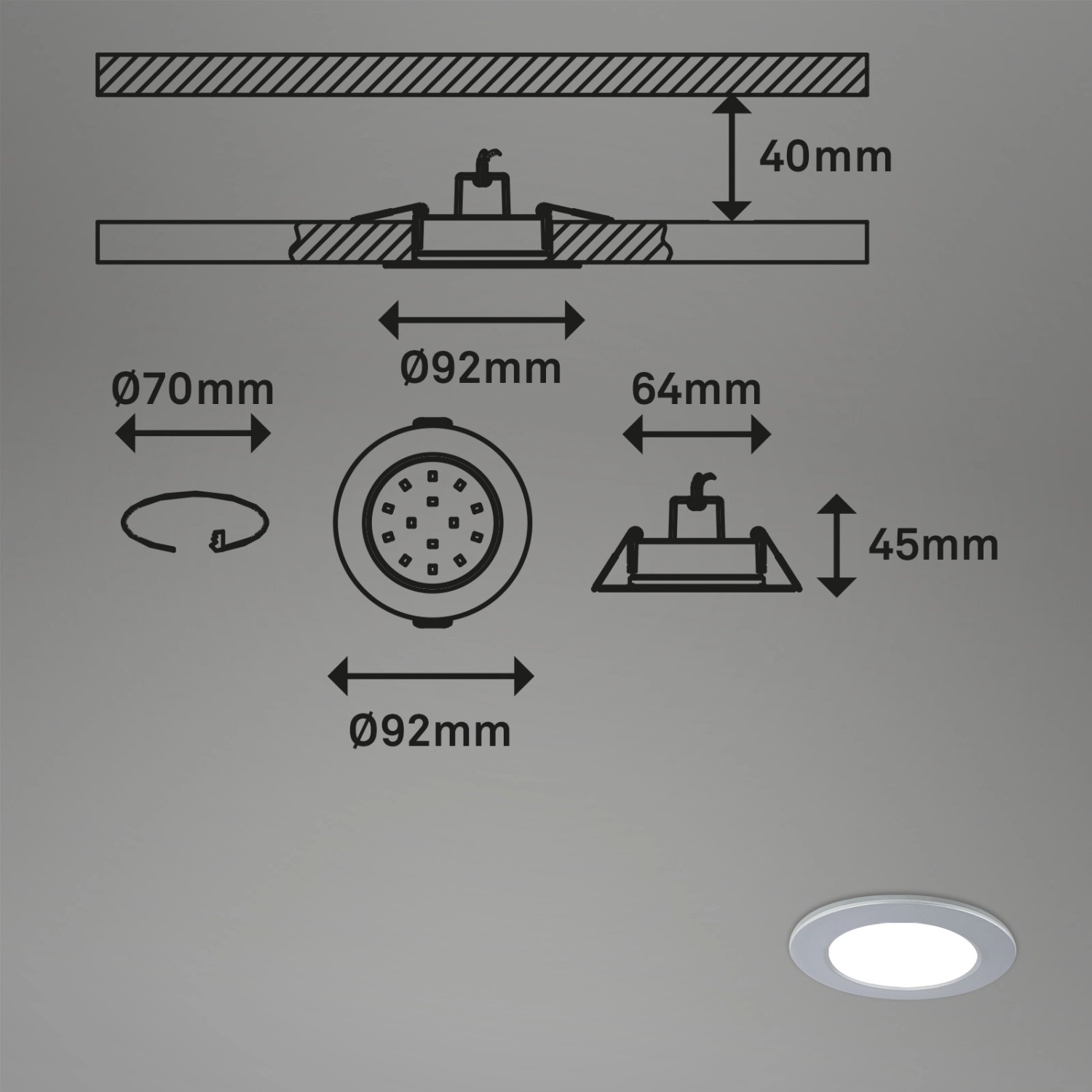 Technische Zeichnung: Briloner 3er Set LED Einbaustrahler, dimmbar, RGB, CCT, Chrom-Matt, IP65, Maße