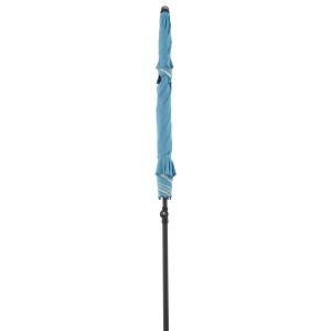 Zusammengefalteter, blauer Doppler Strandschirm Windprofi Neo 200 mit schwarzem Gestell.