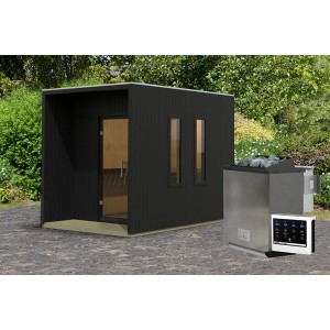 Schwarzes Karibu Saunahaus-Set Rapallo mit Ofen und externer Steuerung im Garten.