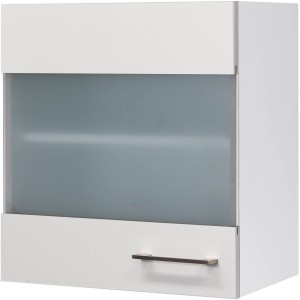 Weißer Flex-Well Glas-Hängeschrank Joelina, 50 cm breit, mit Milchglaseinsatz und Edelstahlgriff.