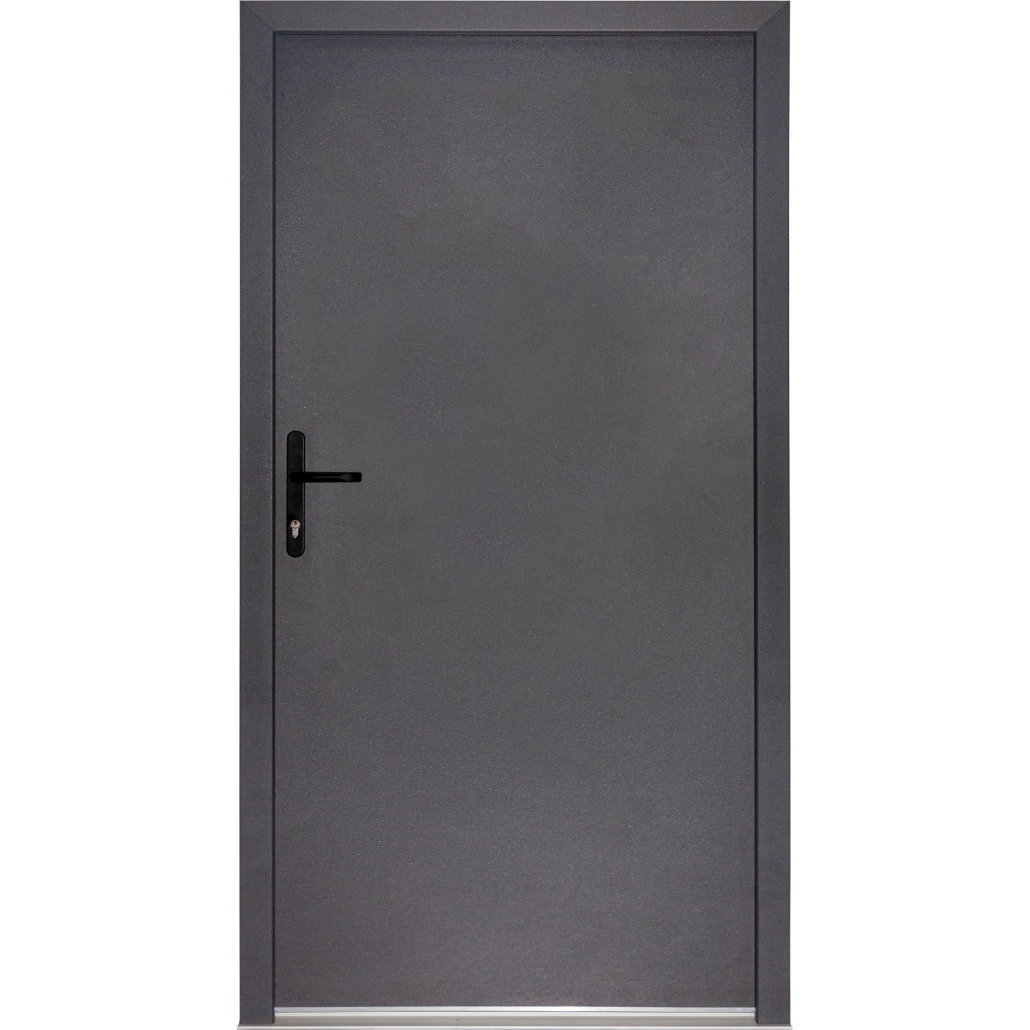 Anthrazitfarbene Stahl-Nebeneingangstür NS1, nach innen öffnend, mit schwarzem Türgriff.