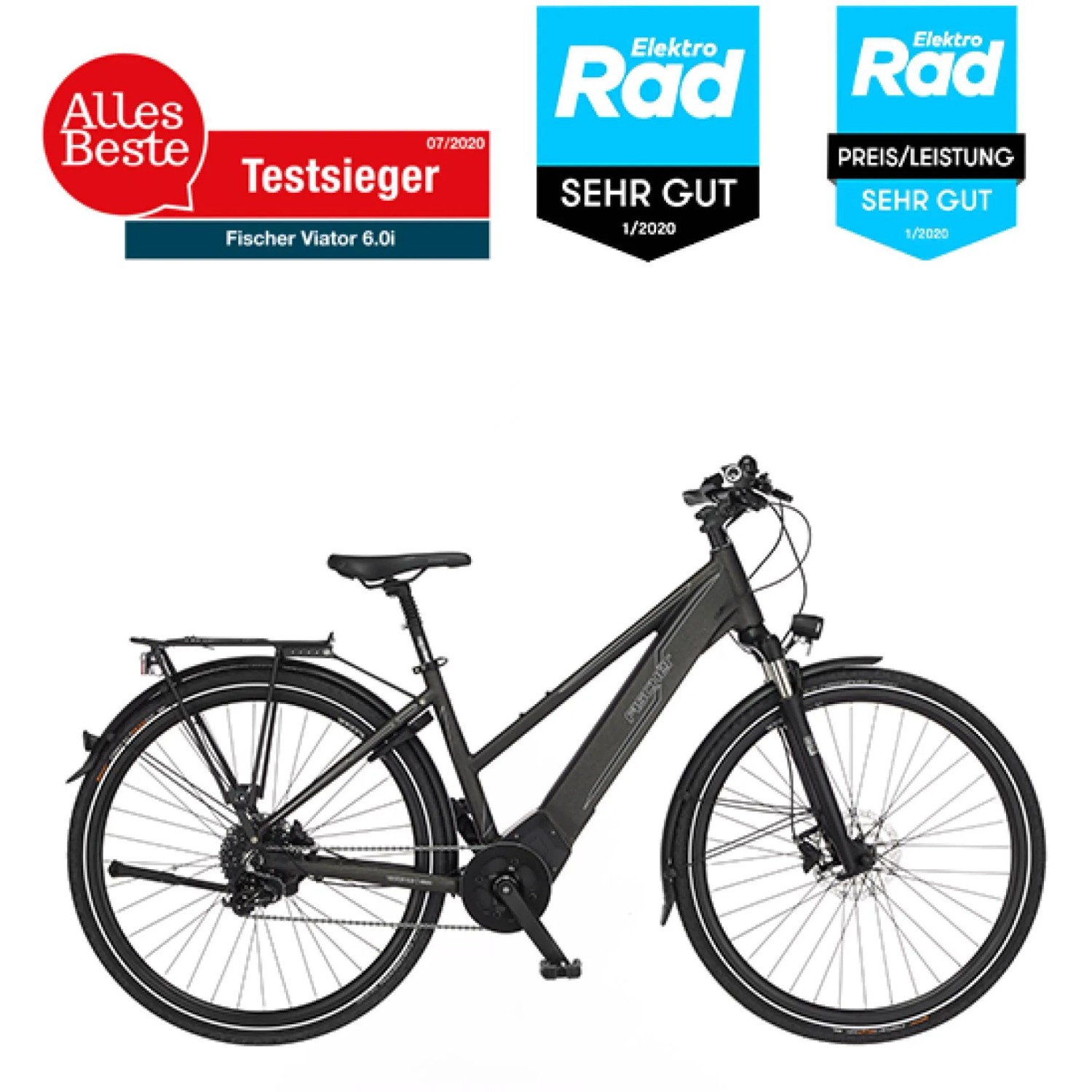 Graues Fischer E-Bike Viator 6.0i mit Trapezrahmen und Auszeichnungen.