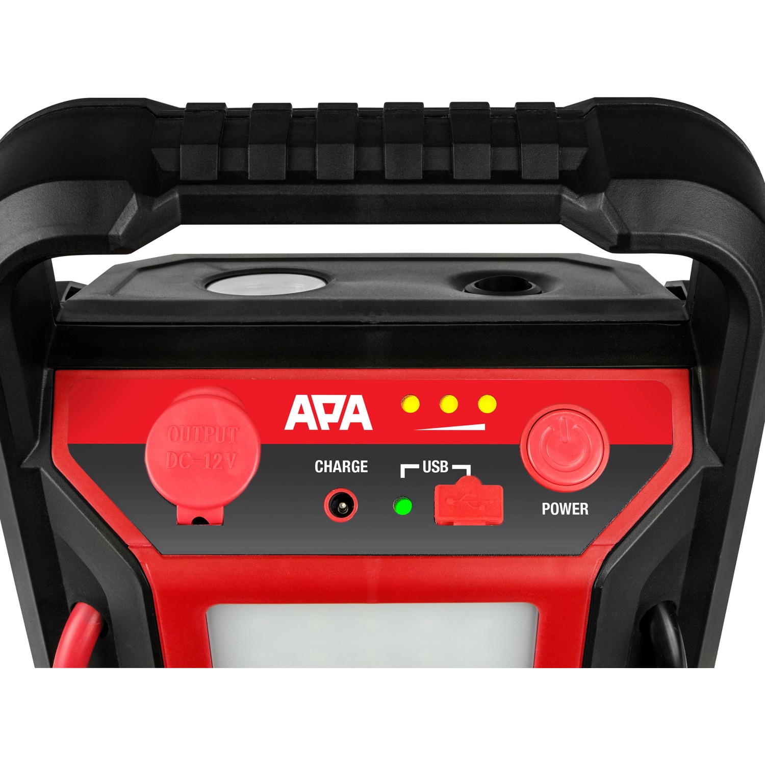APA Starthilfe Powerpack 300 A mit Kompressor, 12V Steckdose, USB-Anschluss und LED-Arbeitsleuchte.