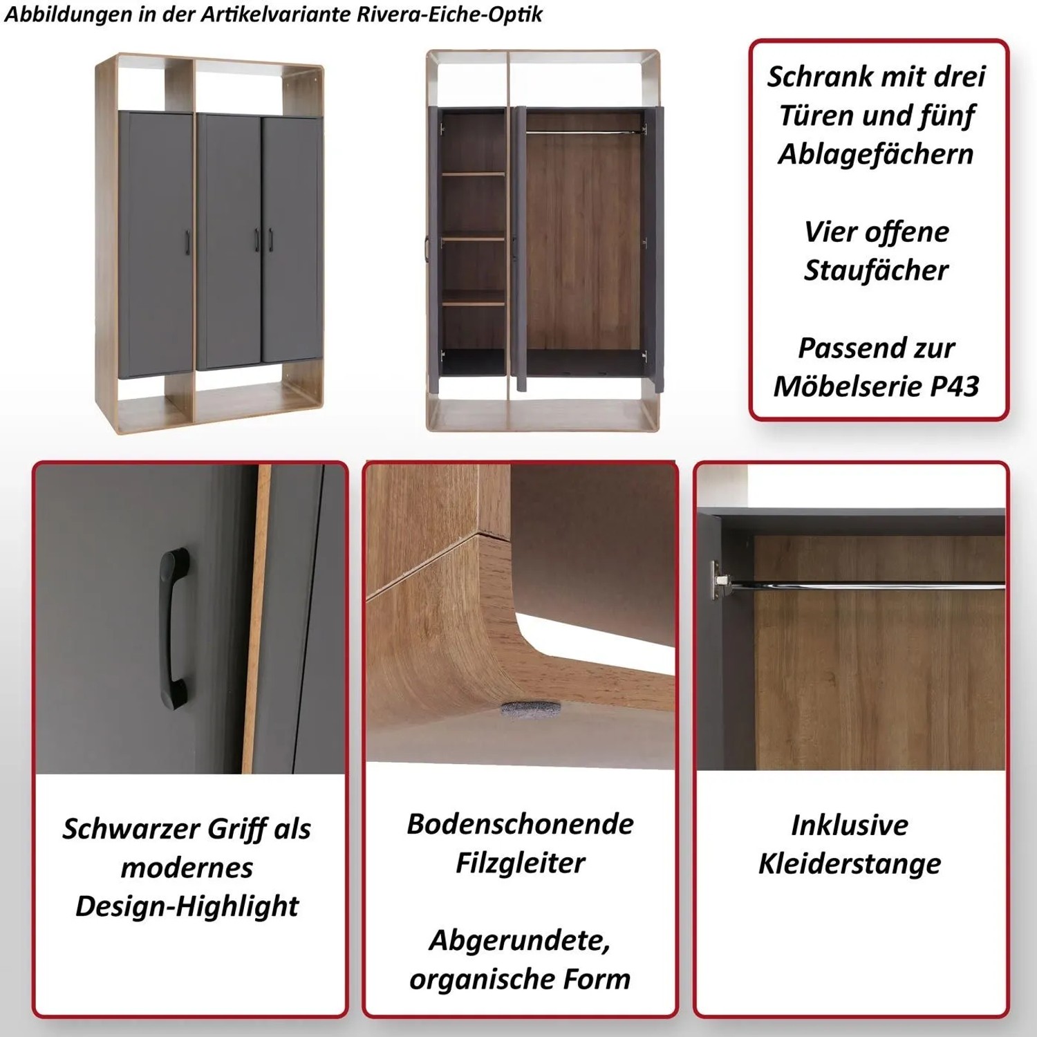 MCW Garderobenschrank P43: 3 Türen, Wotan-Eiche-Optik Rahmen, graue Fronten, Kleiderstange, offene Fächer, schwarze Griffe.