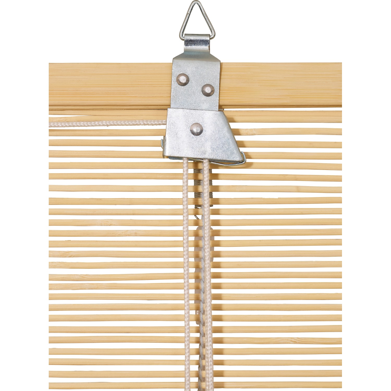 Detailansicht des OBI Bambus-Raffrollos in Natur, zeigt Mechanismus und Zugschnüre.