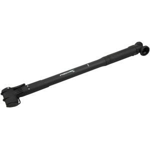 Schwarze Fischer Fahrradpumpe mit Rahmenhalterung und Duokopf für verschiedene Ventile.